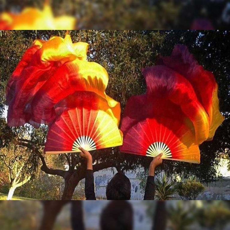Chinese Purple, Red and Yellow Dance Fans
